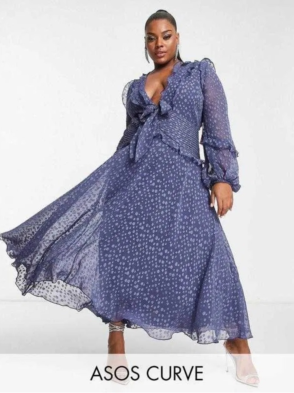 ASOS Curve Blue Sheer Floral Tie-Front Midi Dress